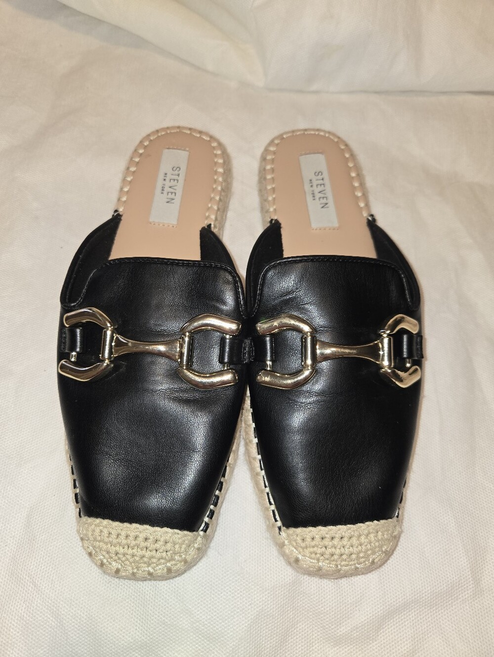 STEVE M Black Leather Espadrille-Trim Slide Mules with Gold Bit